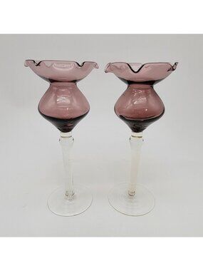 Vintage Amethyst & Clear Glass Candle Holders Set Of 2